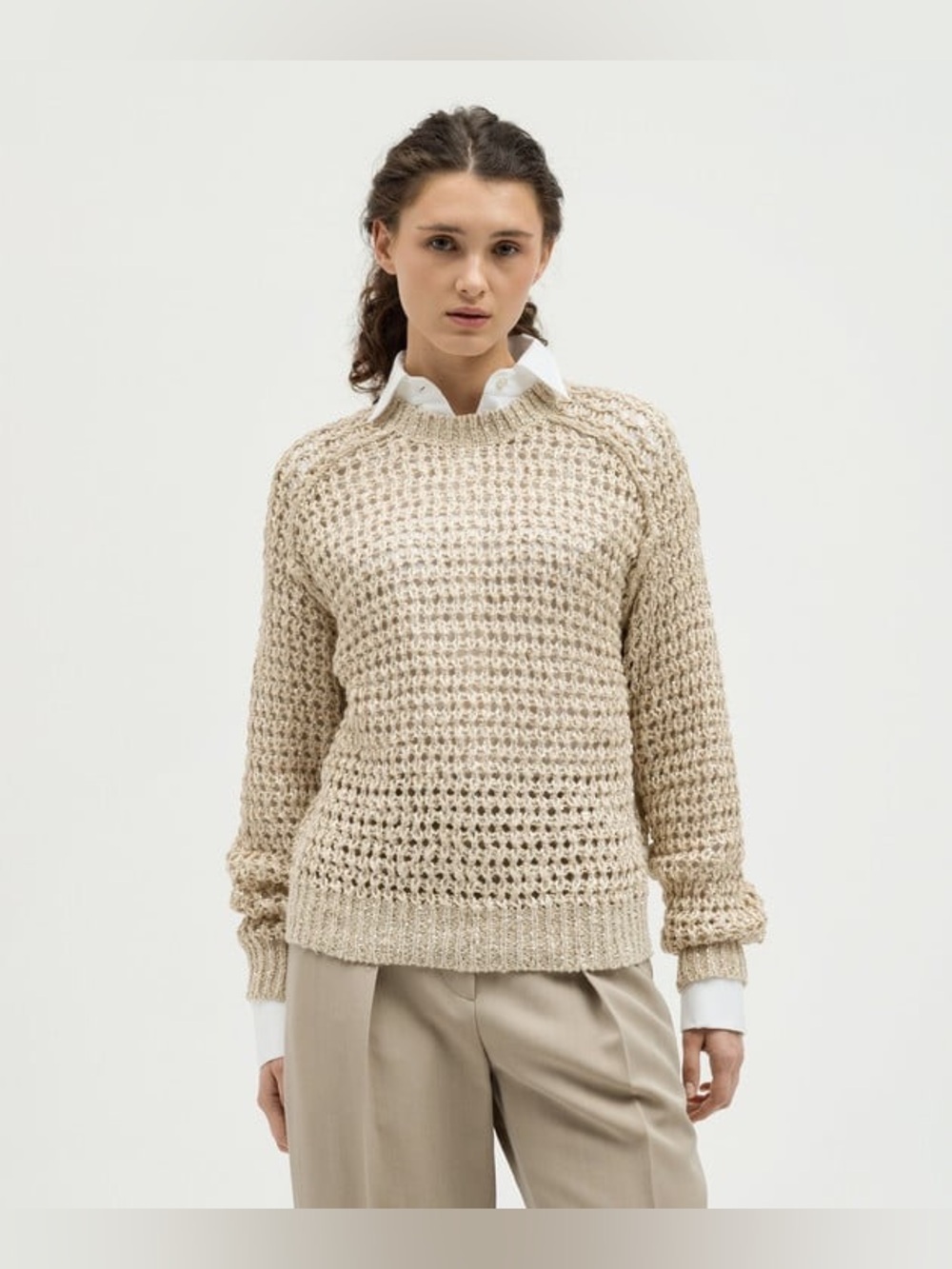 Derek lam 10 Crosby metallic open-knit sheer crewneck sweater crochet fishnet co